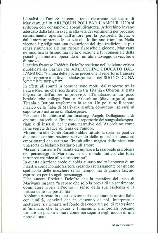 1988 : Arlecchino educato dall’amore, (Marco Bernardi) programme