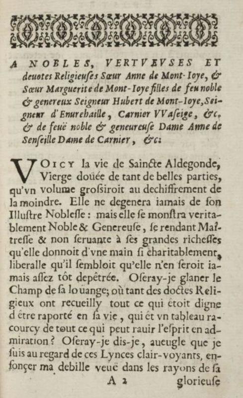 Dédicace de La très sainte et très admirable vie de Madame sainte Aldegonde Dédicace de La très sainte et très admirable vie de Madame sainte Aldegonde