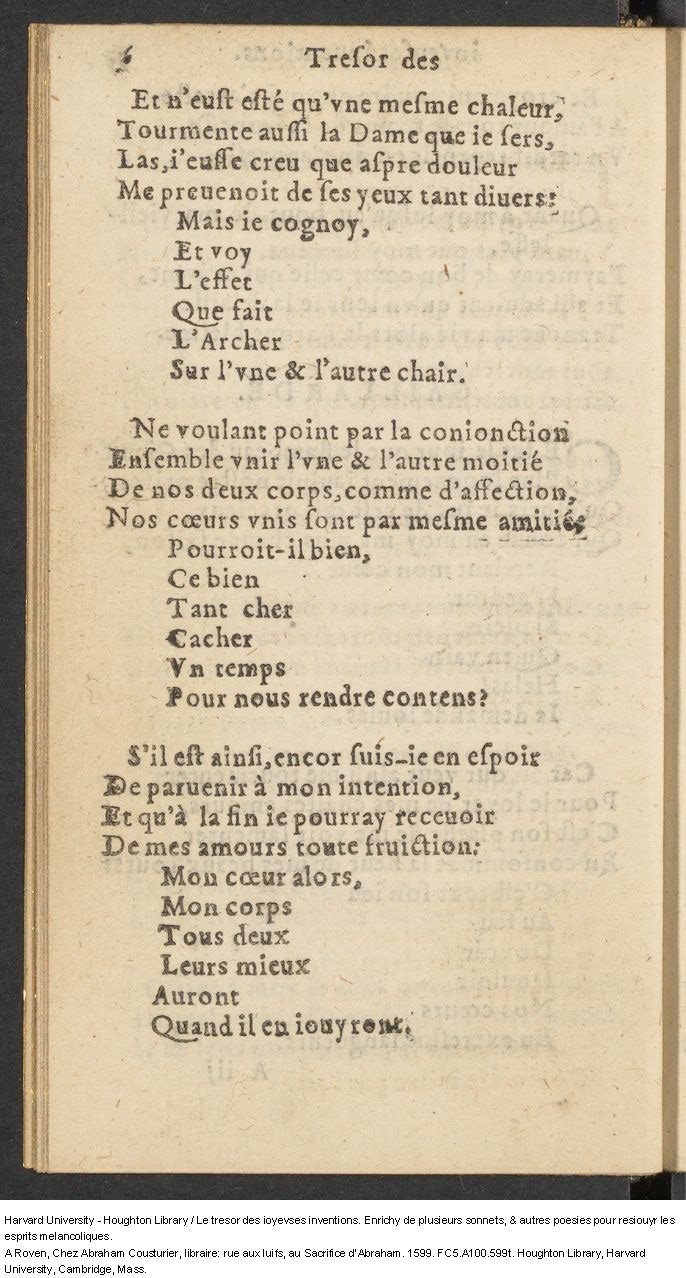 1599 - Abraham Le Cousturier - Trésor des joyeuses inventions du parangon de poésies - Harvard University 1599 - Abraham Le Cousturier - Trésor des joyeuses inventions du parangon de poésies - Harvard University