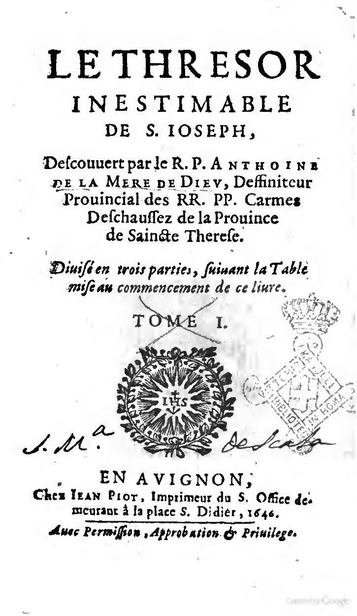 1646 - Jean Piot - Trésor inestimable de Saint-Joseph - BNC Rome