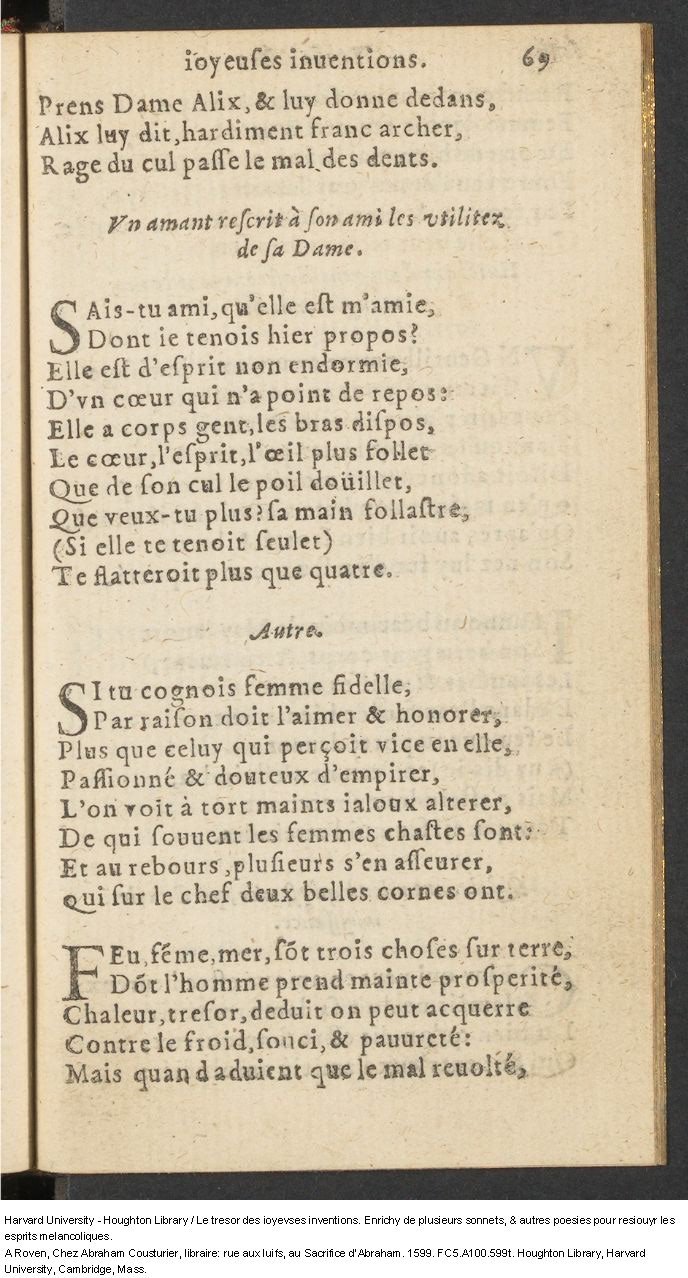 1599 - Abraham Le Cousturier - Trésor des joyeuses inventions du parangon de poésies - Harvard University 1599 - Abraham Le Cousturier - Trésor des joyeuses inventions du parangon de poésies - Harvard University