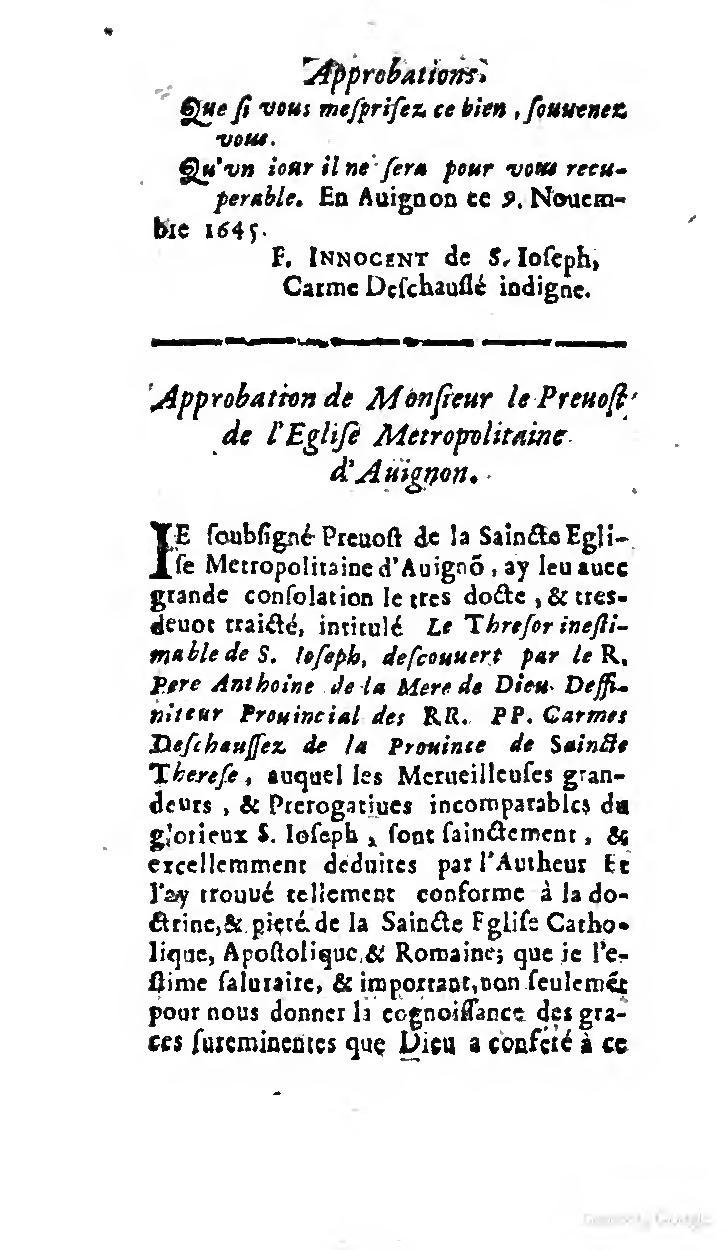 1646 - Jean Piot - Trésor inestimable de Saint-Joseph - BNC Rome