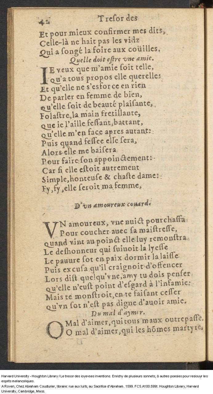 1599 - Abraham Le Cousturier - Trésor des joyeuses inventions du parangon de poésies - Harvard University 1599 - Abraham Le Cousturier - Trésor des joyeuses inventions du parangon de poésies - Harvard University
