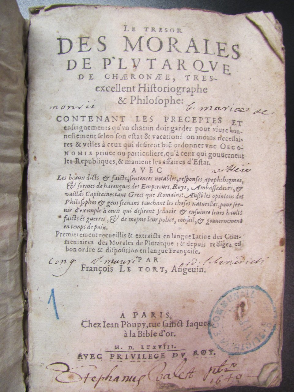1578 - Jean Poupy - Trésor des morales de Plutarque - Vitré