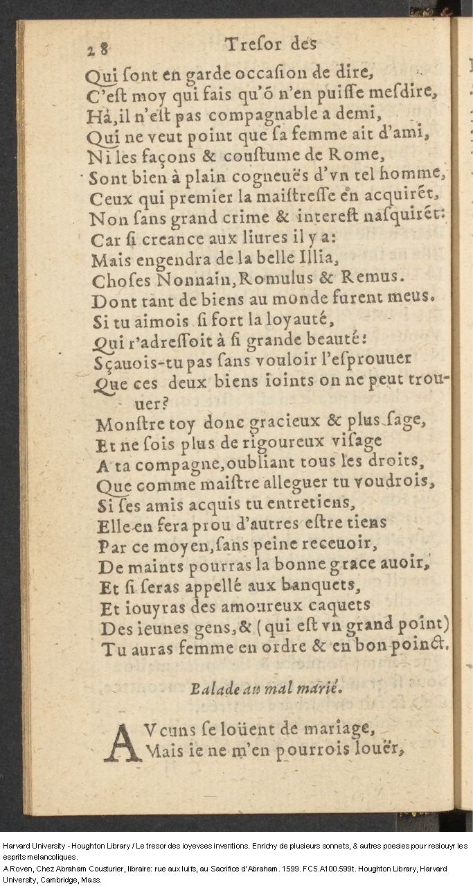 1599 - Abraham Le Cousturier - Trésor des joyeuses inventions du parangon de poésies - Harvard University 1599 - Abraham Le Cousturier - Trésor des joyeuses inventions du parangon de poésies - Harvard University