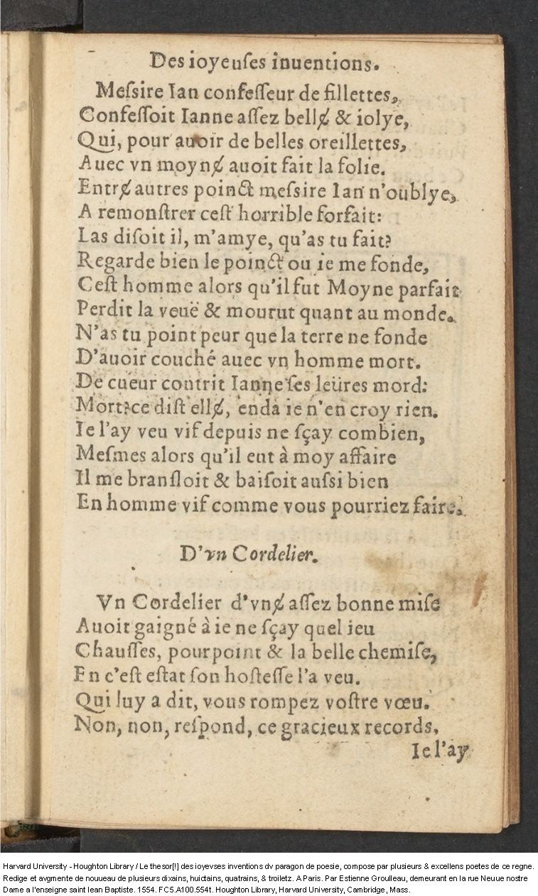 1554 - Étienne Groulleau - Trésor des joyeuses inventions du parangon de poésies - Harvard University