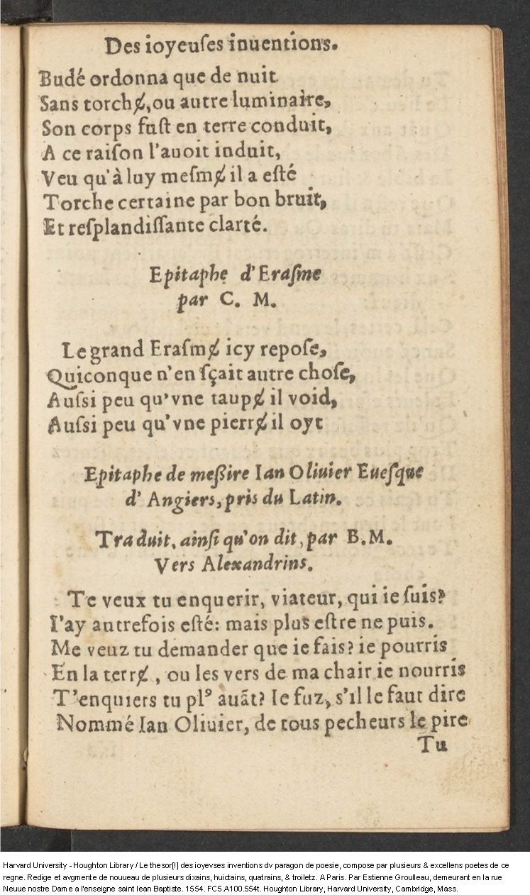 1554 - Étienne Groulleau - Trésor des joyeuses inventions du parangon de poésies - Harvard University