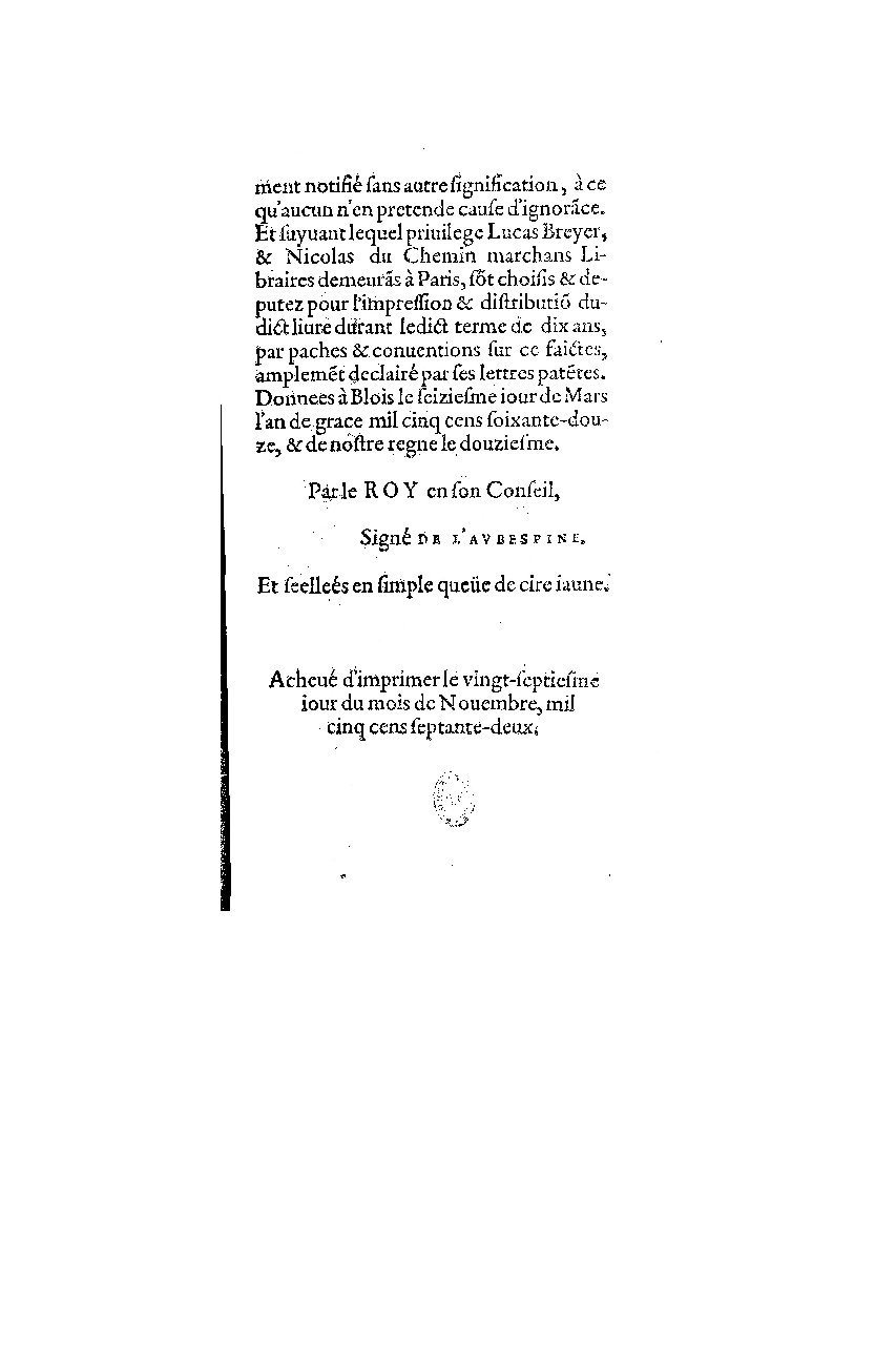 1572 - Nicolas Du Chemin - Finances et Trésor de la plume française - BM Lyon