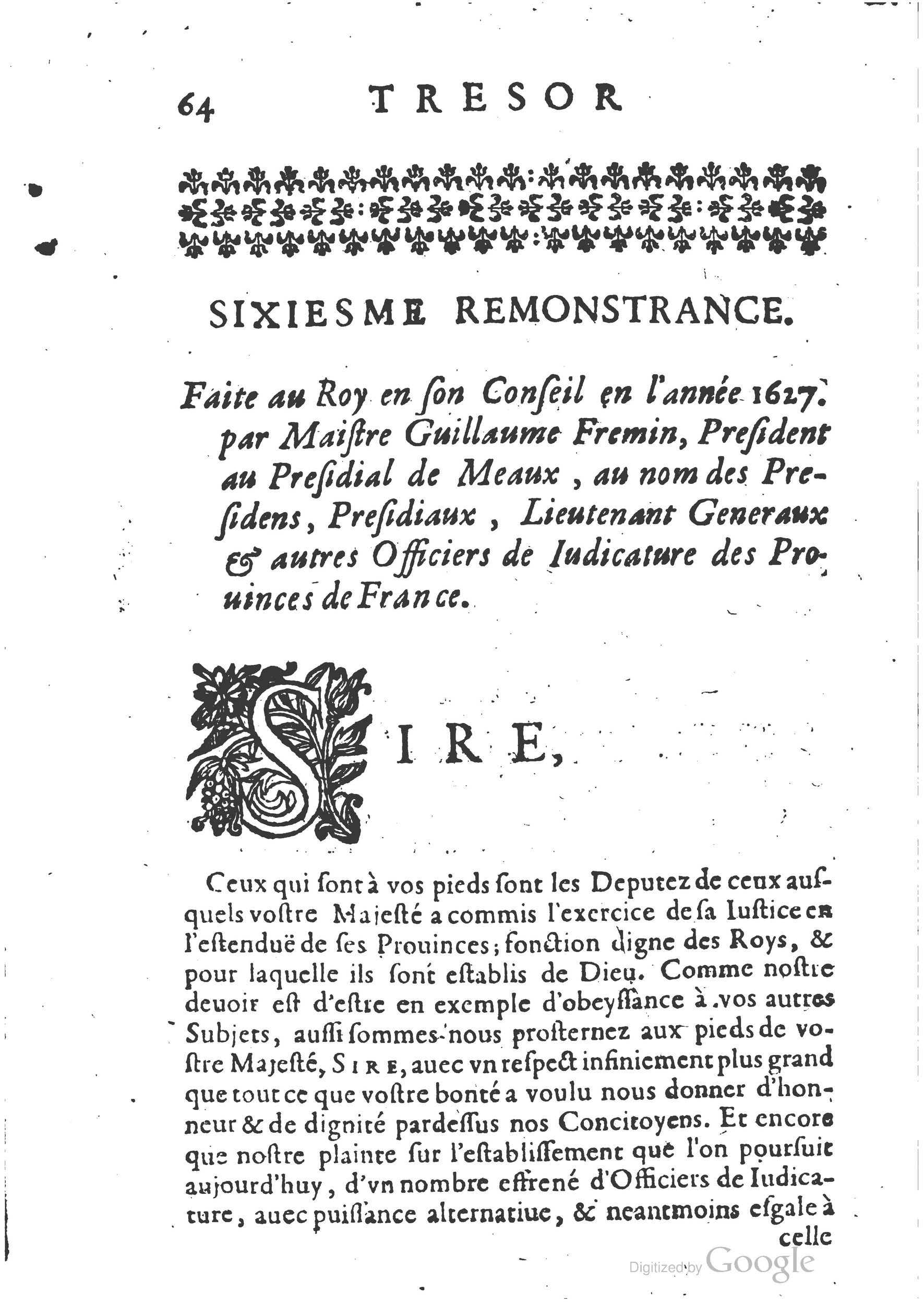 1654 - Michel Bobin - Trésor des harangues, remontrances et oraisons funèbres - BM Lyon