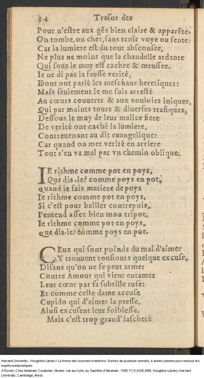 1599 - Abraham Le Cousturier - Trésor des joyeuses inventions du parangon de poésies - Harvard University 1599 - Abraham Le Cousturier - Trésor des joyeuses inventions du parangon de poésies - Harvard University