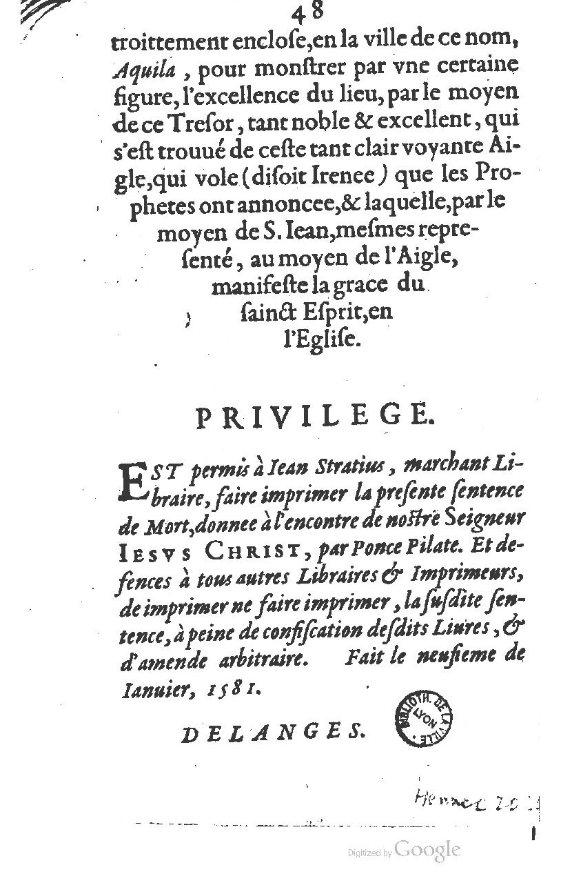1581 - Jean Stratius - Trésor de Ponce Pilate - BM Lyon