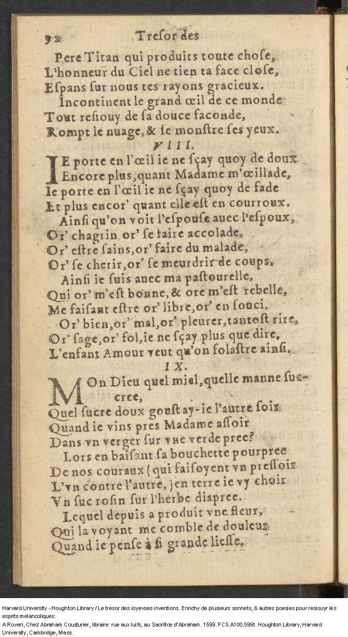 1599 - Abraham Le Cousturier - Trésor des joyeuses inventions du parangon de poésies - Harvard University 1599 - Abraham Le Cousturier - Trésor des joyeuses inventions du parangon de poésies - Harvard University