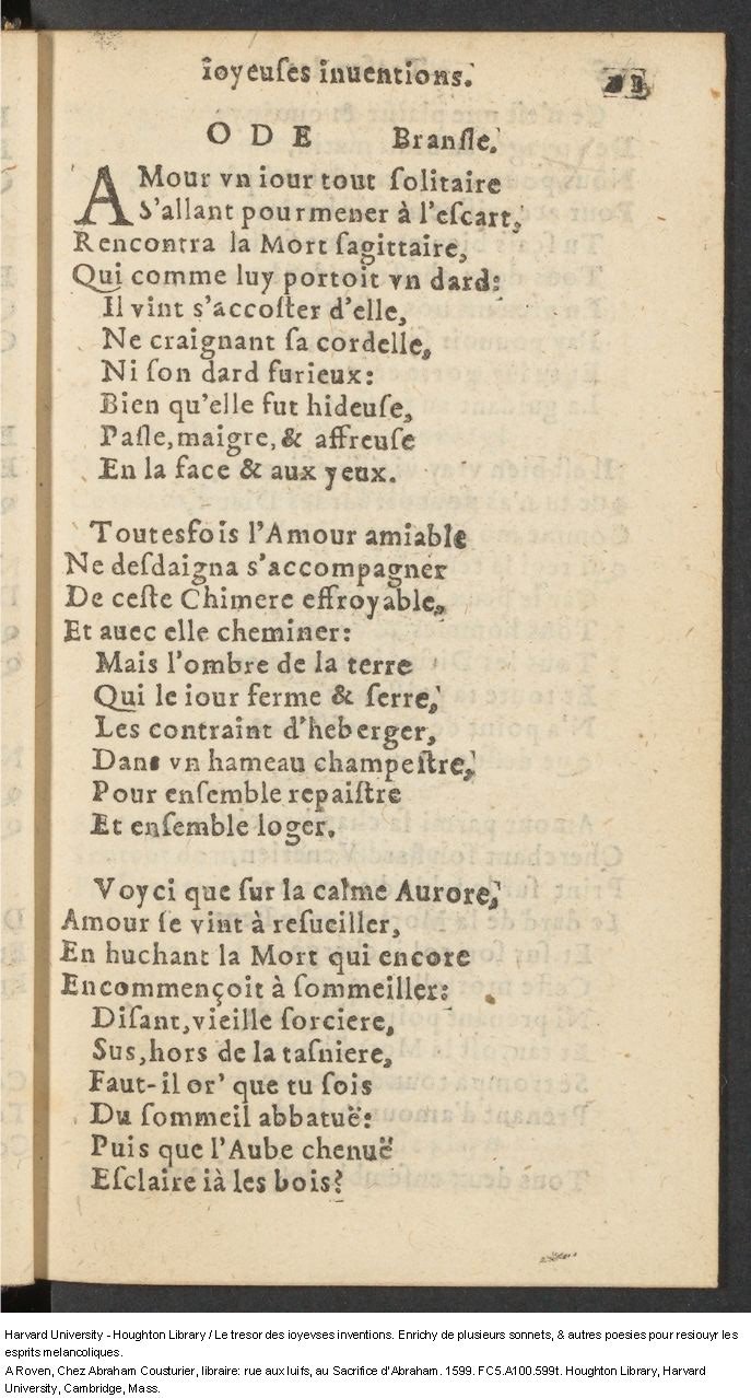 1599 - Abraham Le Cousturier - Trésor des joyeuses inventions du parangon de poésies - Harvard University