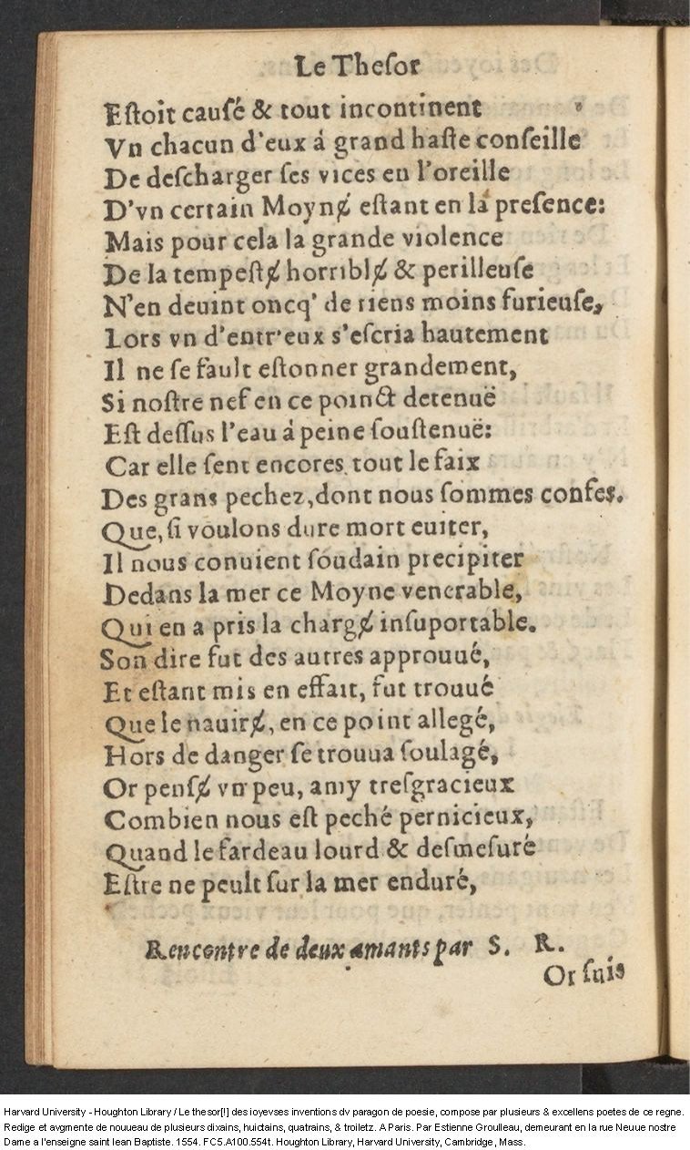 1554 - Étienne Groulleau - Trésor des joyeuses inventions du parangon de poésies - Harvard University