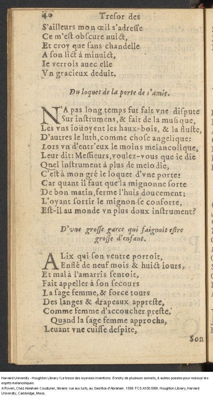 1599 - Abraham Le Cousturier - Trésor des joyeuses inventions du parangon de poésies - Harvard University 1599 - Abraham Le Cousturier - Trésor des joyeuses inventions du parangon de poésies - Harvard University