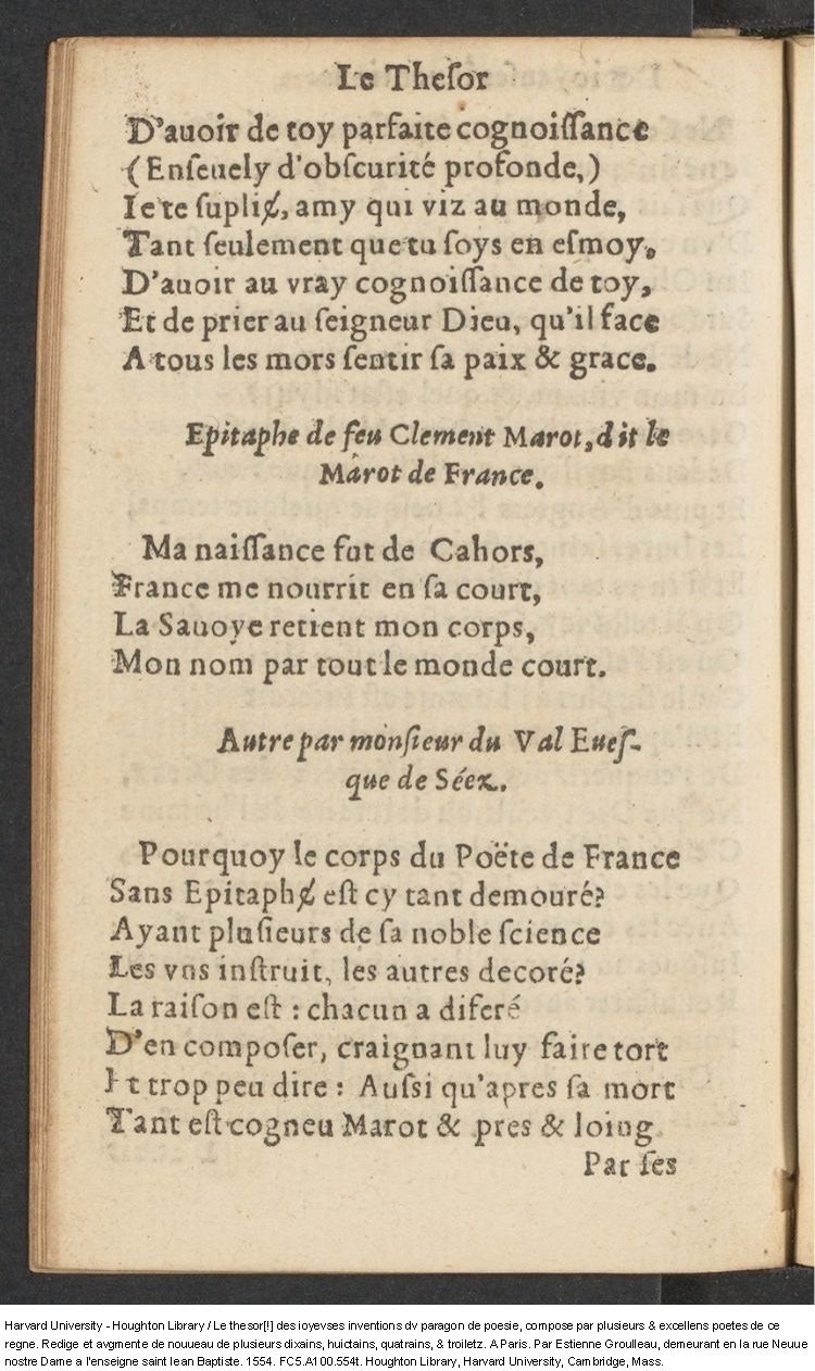 1554 - Étienne Groulleau - Trésor des joyeuses inventions du parangon de poésies - Harvard University