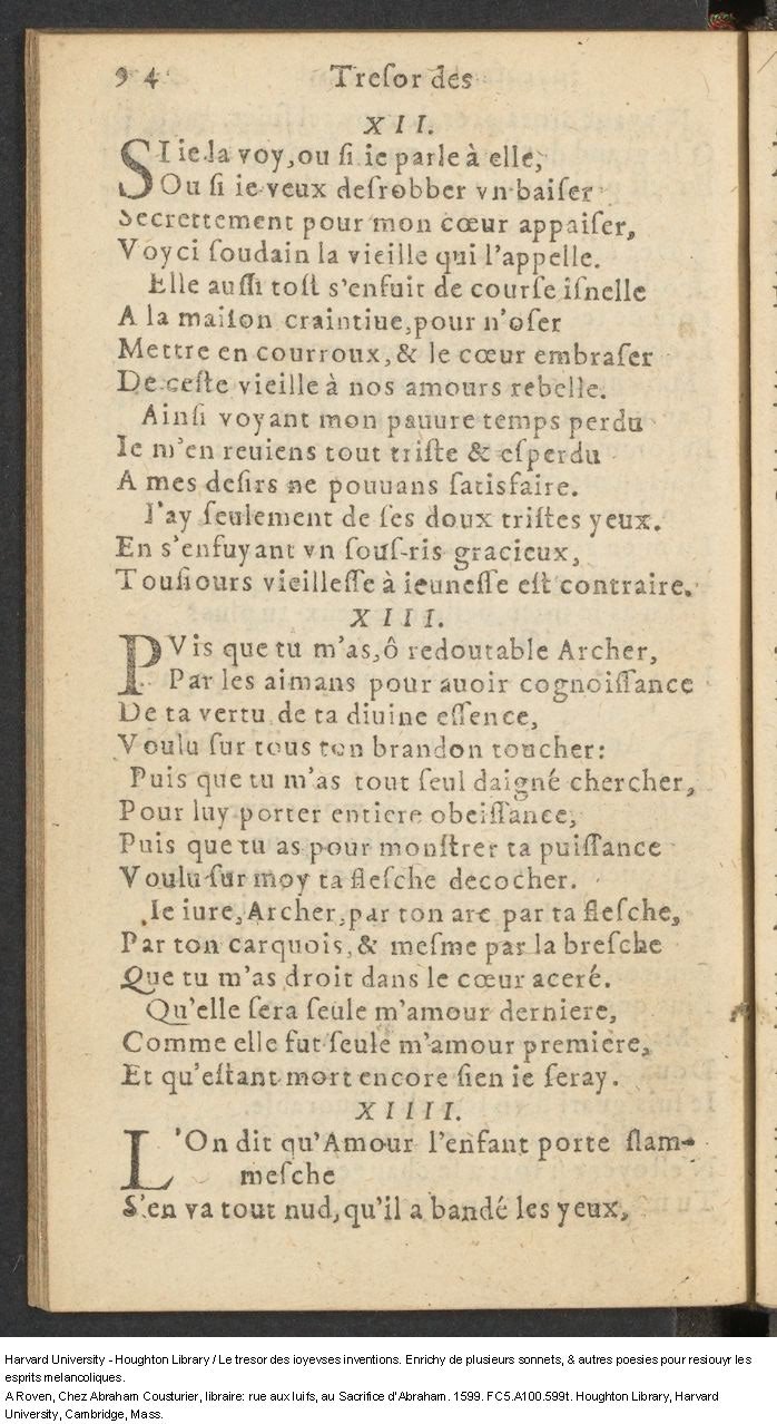 1599 - Abraham Le Cousturier - Trésor des joyeuses inventions du parangon de poésies - Harvard University 1599 - Abraham Le Cousturier - Trésor des joyeuses inventions du parangon de poésies - Harvard University