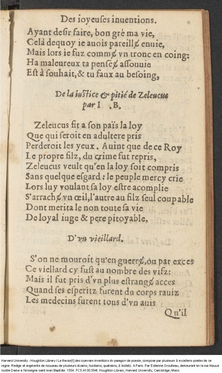 1554 - Étienne Groulleau - Trésor des joyeuses inventions du parangon de poésies - Harvard University