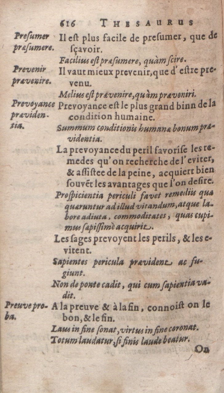 1612 - Dominicus Custos - Trésor des proverbes français  - Bibliopol-Olomuc