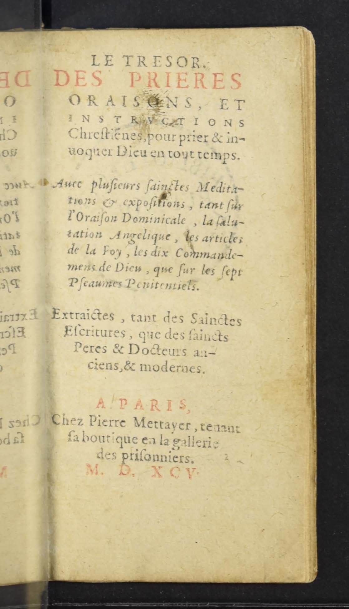 1595 - Pierre Mettayer - Trésor des prières, oraisons et instructions chrétiennes - Genève