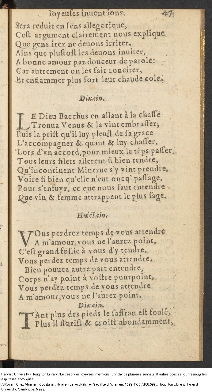 1599 - Abraham Le Cousturier - Trésor des joyeuses inventions du parangon de poésies - Harvard University 1599 - Abraham Le Cousturier - Trésor des joyeuses inventions du parangon de poésies - Harvard University