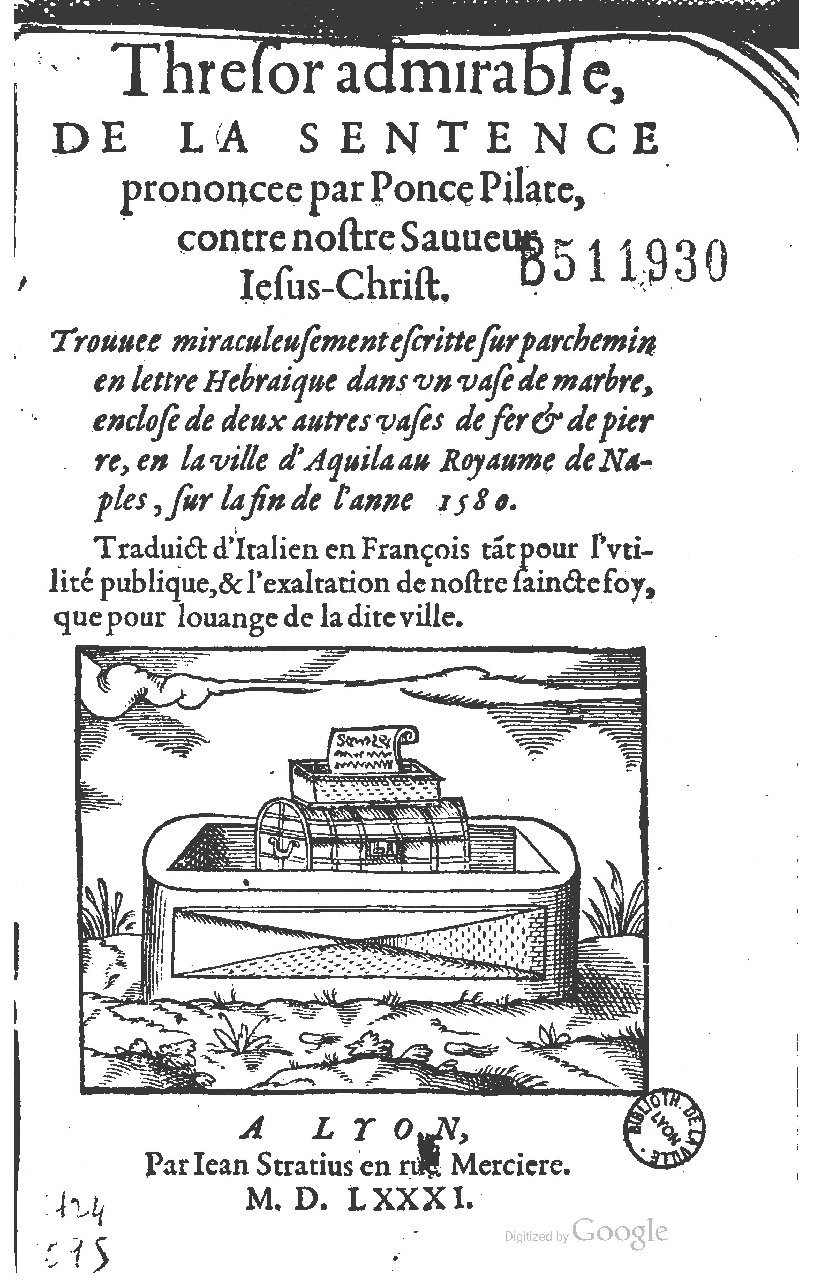 1581 - Jean Stratius - Trésor de Ponce Pilate - BM Lyon