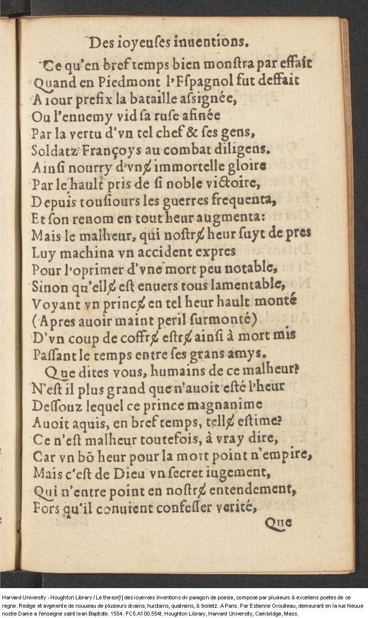 1554 - Étienne Groulleau - Trésor des joyeuses inventions du parangon de poésies - Harvard University