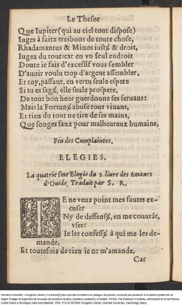1554 - Étienne Groulleau - Trésor des joyeuses inventions du parangon de poésies - Harvard University