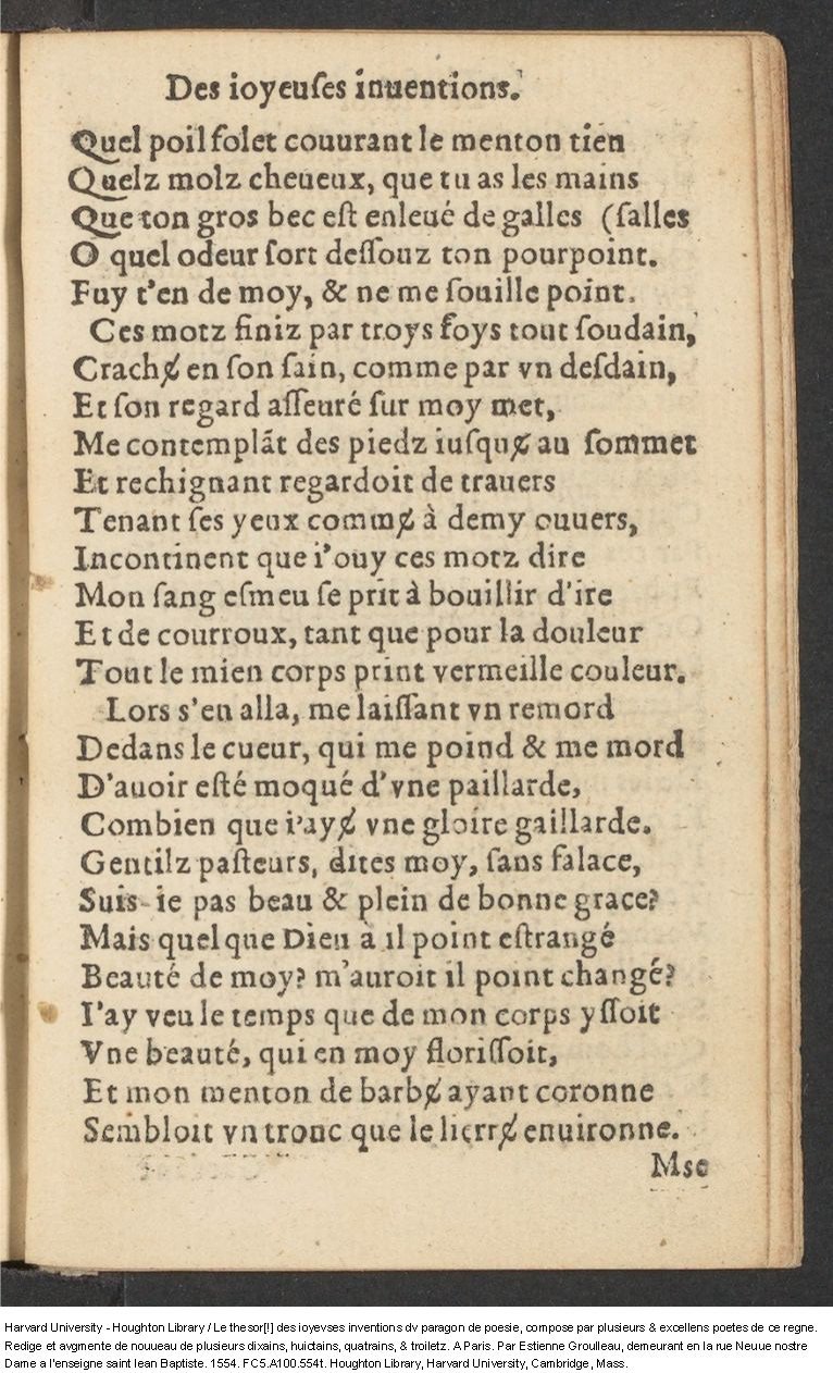 1554 - Étienne Groulleau - Trésor des joyeuses inventions du parangon de poésies - Harvard University