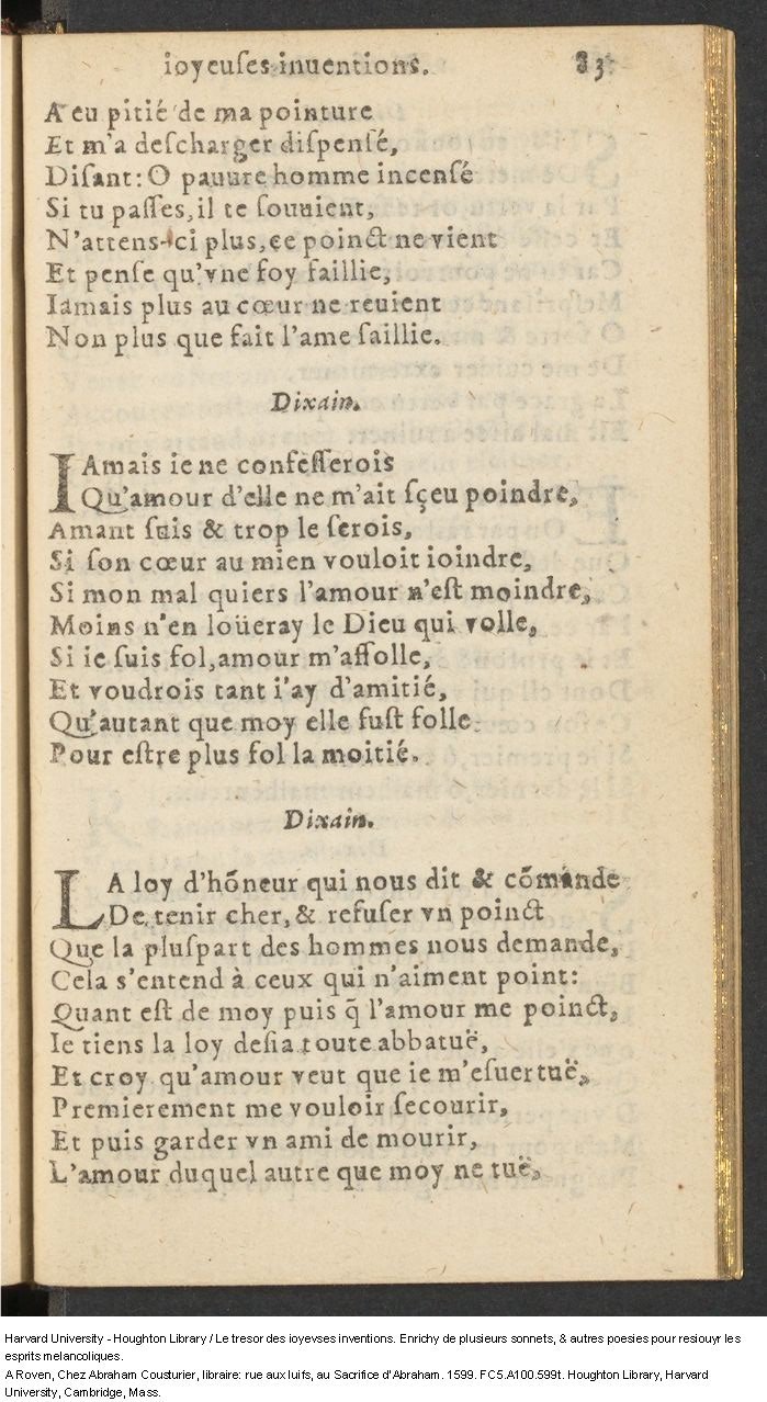 1599 - Abraham Le Cousturier - Trésor des joyeuses inventions du parangon de poésies - Harvard University 1599 - Abraham Le Cousturier - Trésor des joyeuses inventions du parangon de poésies - Harvard University