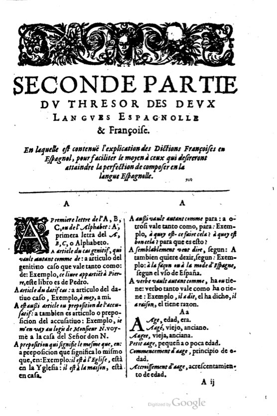 1621 - Adrian Tiffaine - Trésor des deux langues espagnole et française - BM Lyon