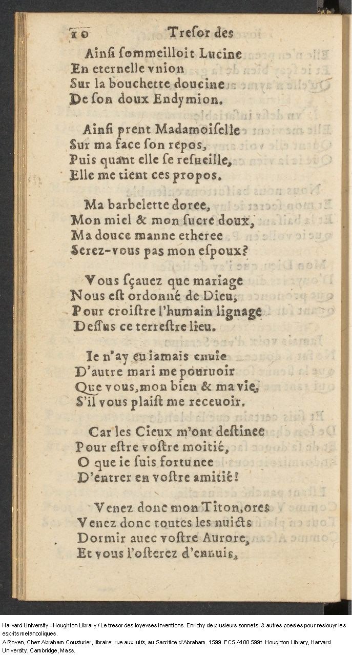 1599 - Abraham Le Cousturier - Trésor des joyeuses inventions du parangon de poésies - Harvard University 1599 - Abraham Le Cousturier - Trésor des joyeuses inventions du parangon de poésies - Harvard University