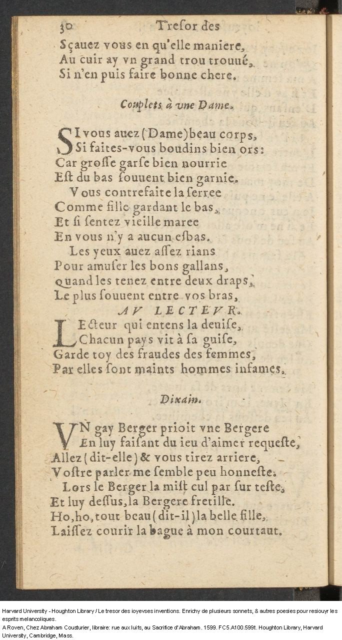 1599 - Abraham Le Cousturier - Trésor des joyeuses inventions du parangon de poésies - Harvard University 1599 - Abraham Le Cousturier - Trésor des joyeuses inventions du parangon de poésies - Harvard University