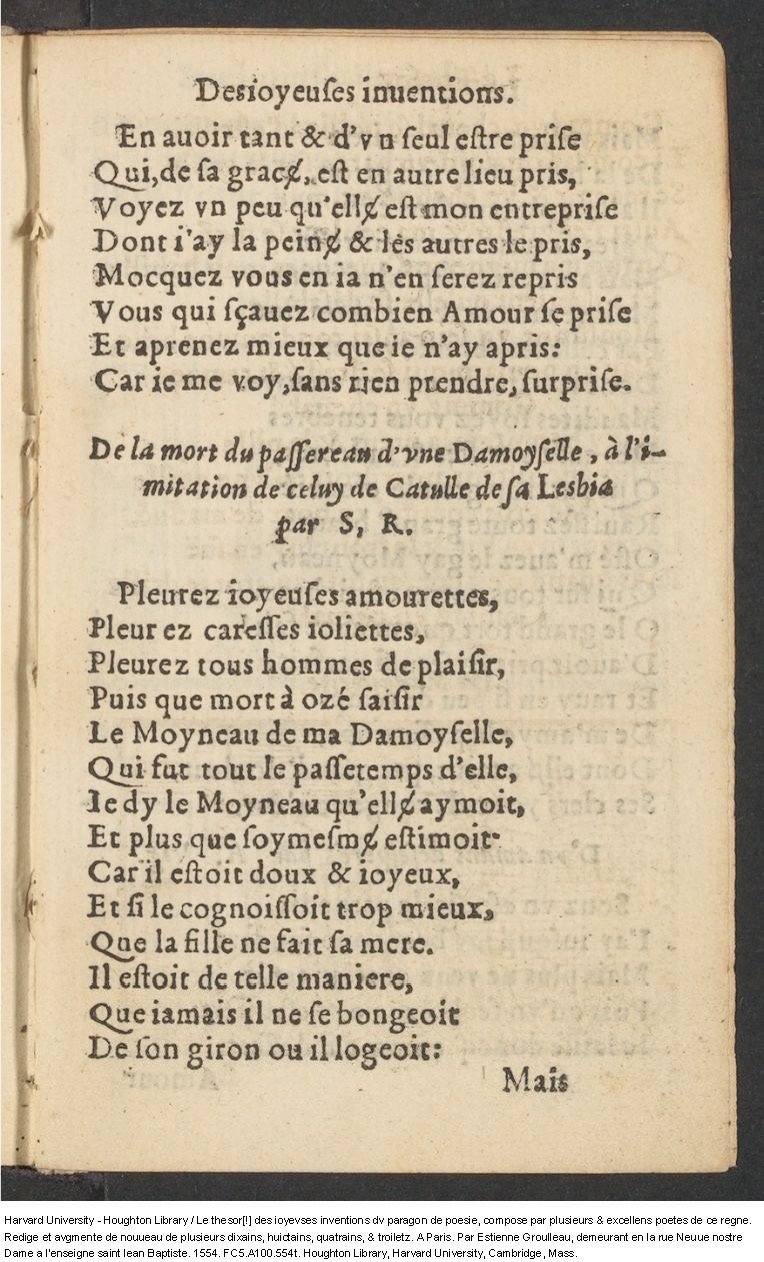 1554 - Étienne Groulleau - Trésor des joyeuses inventions du parangon de poésies - Harvard University