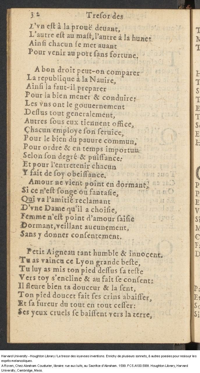 1599 - Abraham Le Cousturier - Trésor des joyeuses inventions du parangon de poésies - Harvard University 1599 - Abraham Le Cousturier - Trésor des joyeuses inventions du parangon de poésies - Harvard University