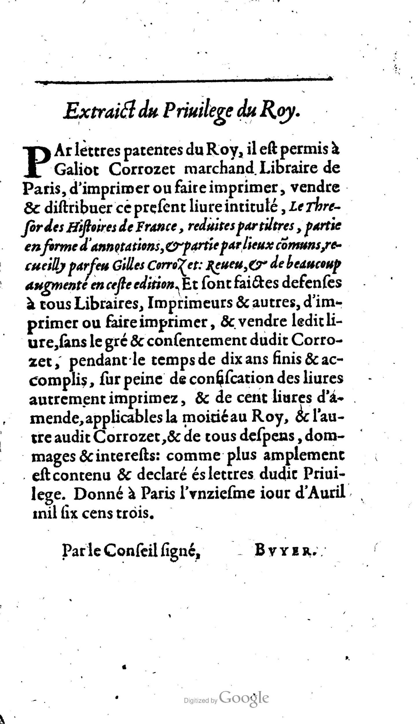 1604 - Galiot Corrozet - Trésor des histoires de France - BNC Florence