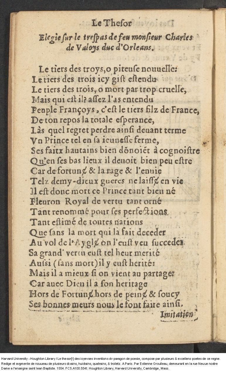 1554 - Étienne Groulleau - Trésor des joyeuses inventions du parangon de poésies - Harvard University