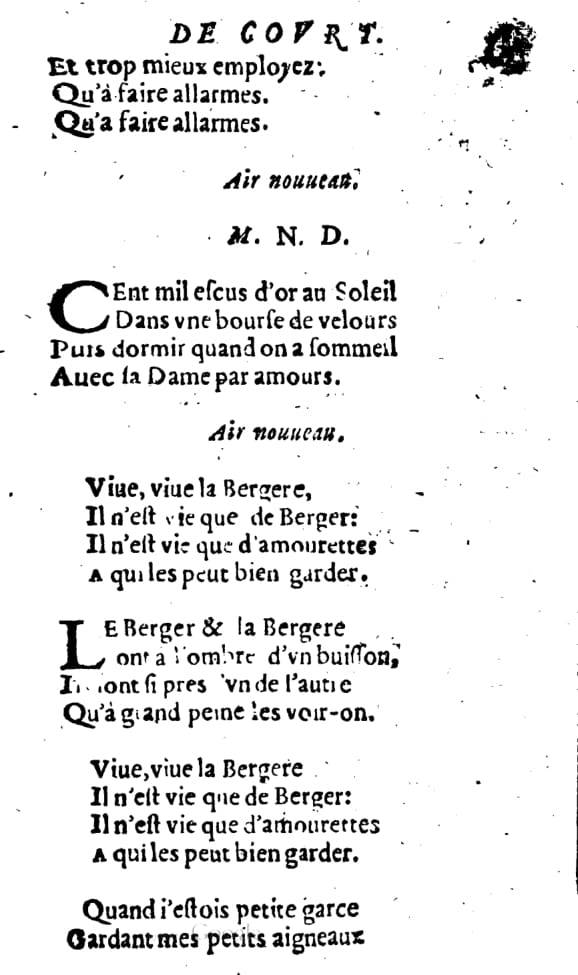 1606 - Théodore Reinsart - Trésor des chansons amoureuses recueillies des plus excellents airs de cour - Livre I - NK ČR Prague