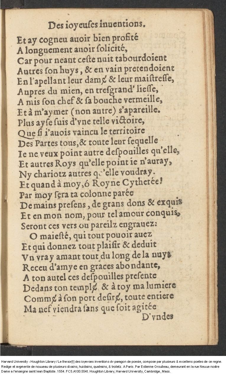 1554 - Étienne Groulleau - Trésor des joyeuses inventions du parangon de poésies - Harvard University