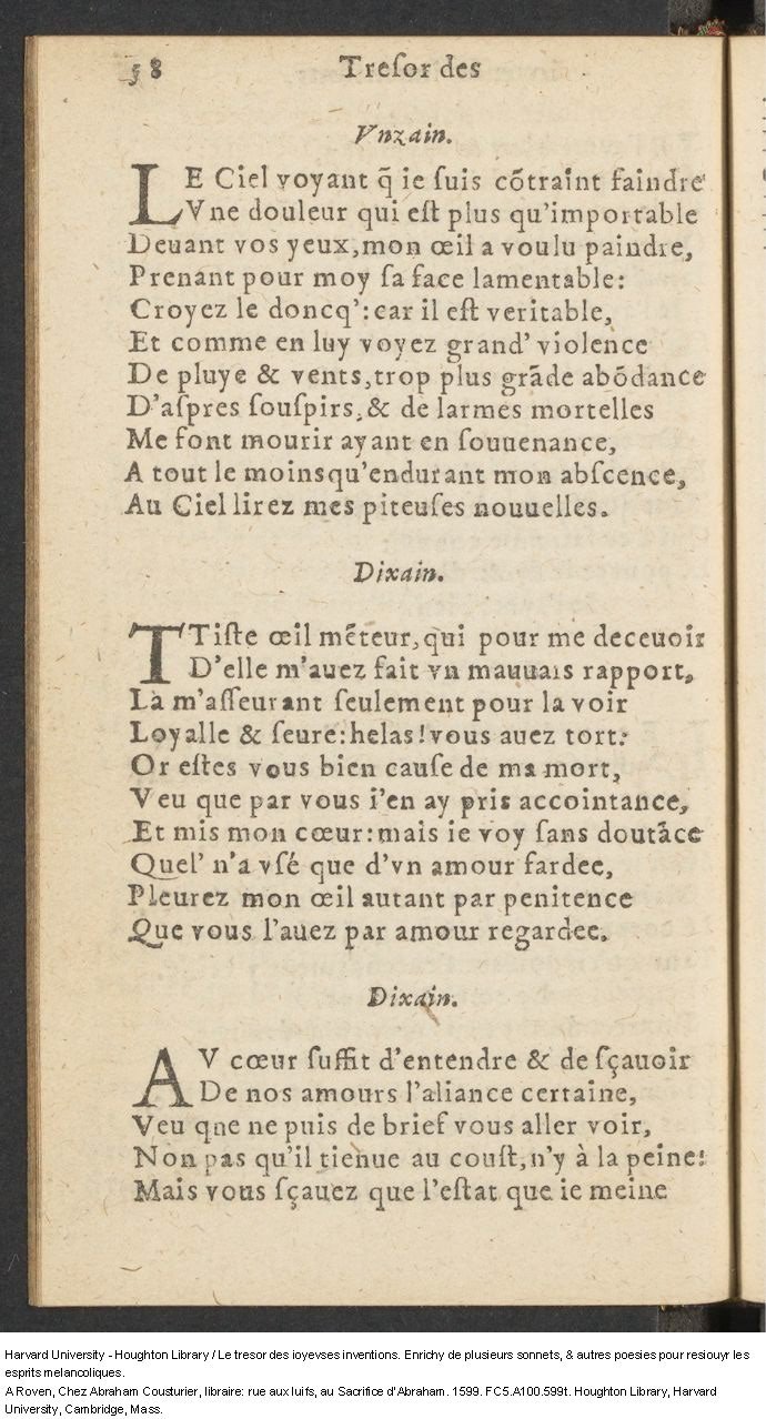 1599 - Abraham Le Cousturier - Trésor des joyeuses inventions du parangon de poésies - Harvard University 1599 - Abraham Le Cousturier - Trésor des joyeuses inventions du parangon de poésies - Harvard University