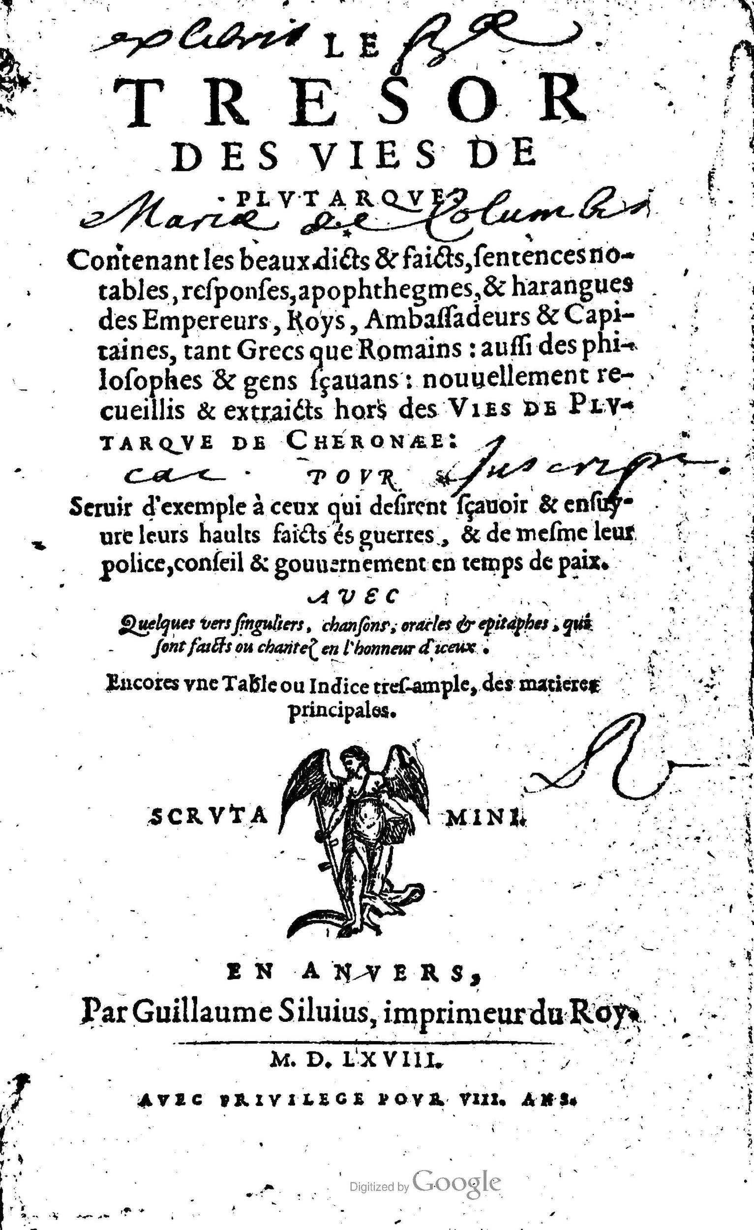1568 - Willem Silvius - Trésor des vies de Plutarque - Anvers Plantin-Moretus