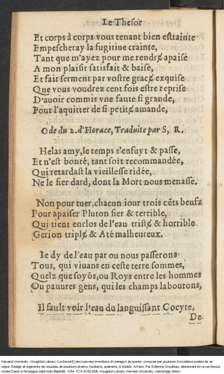 1554 - Étienne Groulleau - Trésor des joyeuses inventions du parangon de poésies - Harvard University