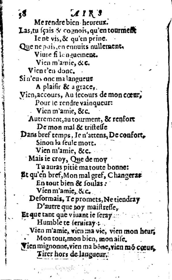 1606 - Théodore Reinsart - Trésor des chansons amoureuses recueillies des plus excellents airs de cour - Livre I - NK ČR Prague