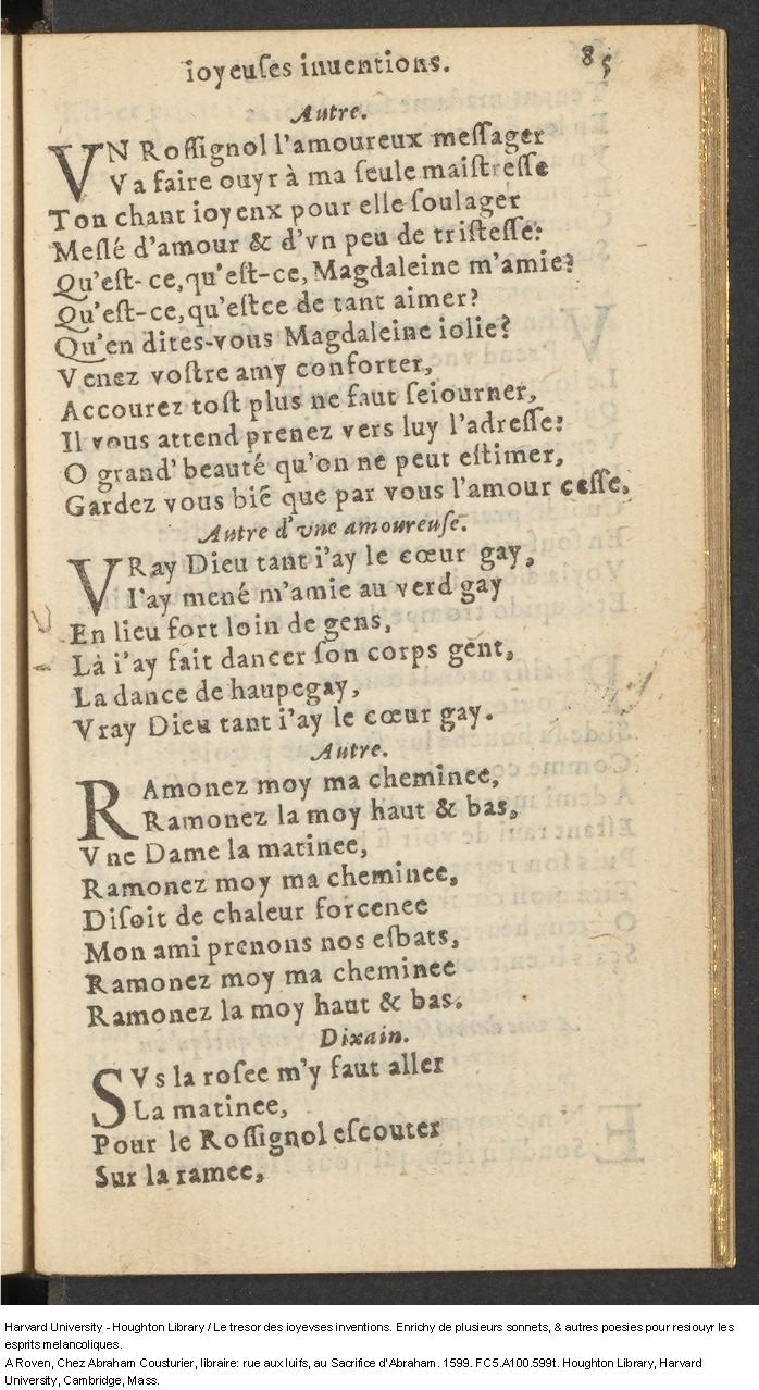 1599 - Abraham Le Cousturier - Trésor des joyeuses inventions du parangon de poésies - Harvard University 1599 - Abraham Le Cousturier - Trésor des joyeuses inventions du parangon de poésies - Harvard University