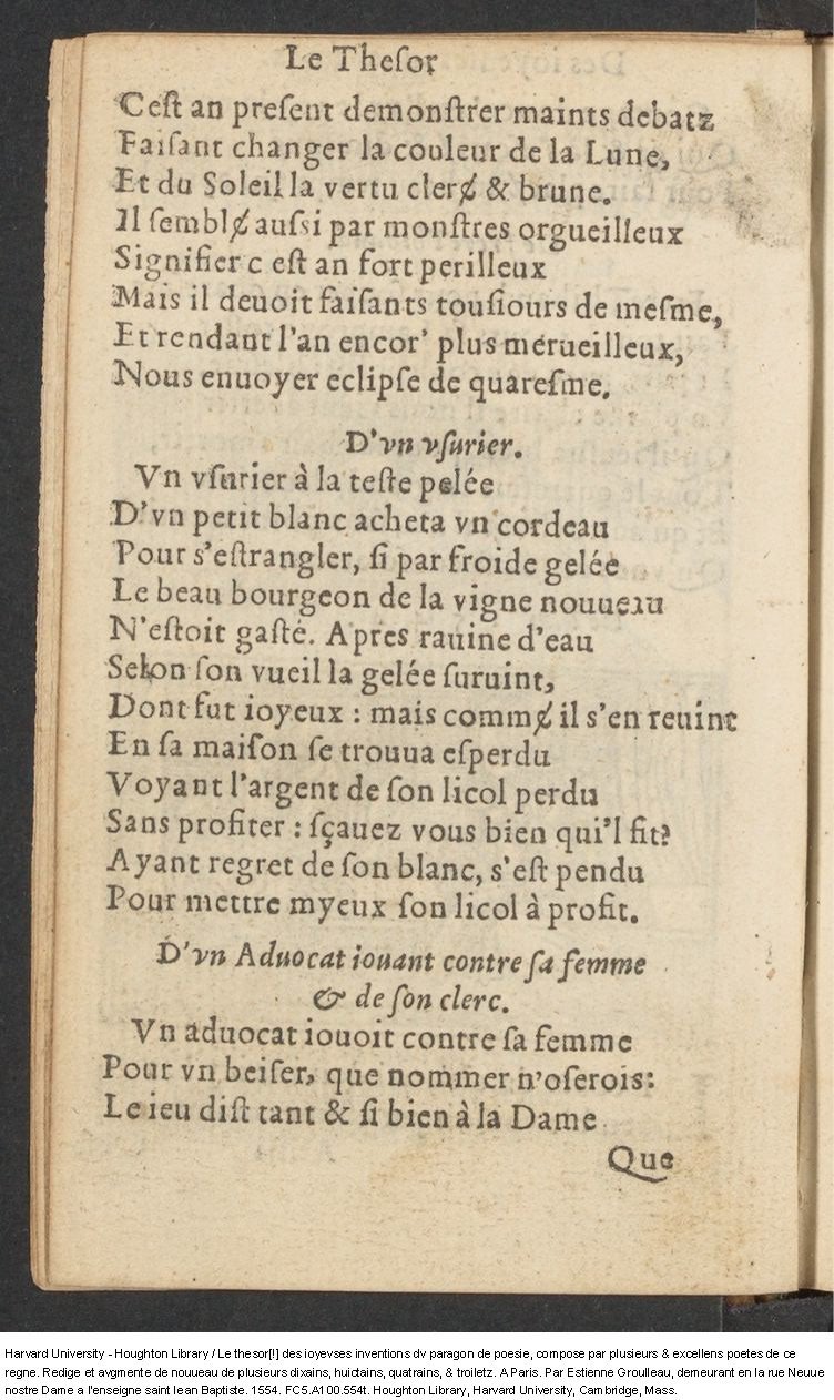 1554 - Étienne Groulleau - Trésor des joyeuses inventions du parangon de poésies - Harvard University