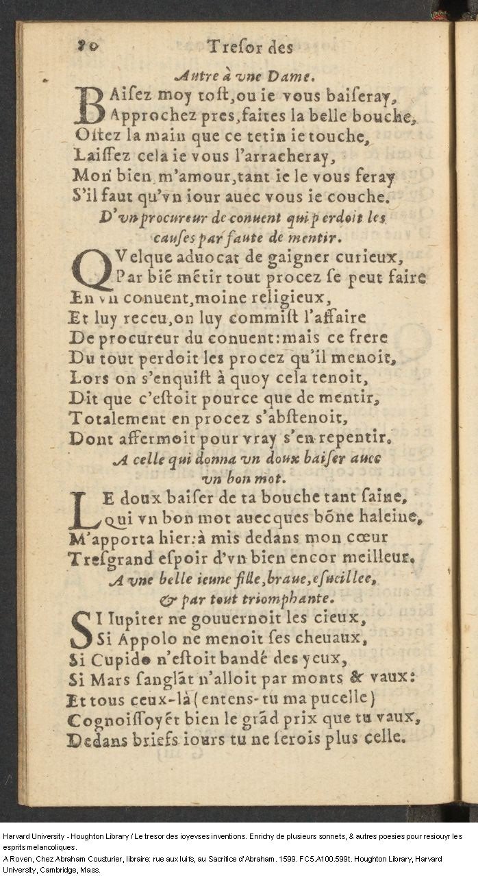 1599 - Abraham Le Cousturier - Trésor des joyeuses inventions du parangon de poésies - Harvard University 1599 - Abraham Le Cousturier - Trésor des joyeuses inventions du parangon de poésies - Harvard University