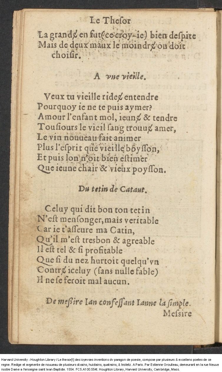 1554 - Étienne Groulleau - Trésor des joyeuses inventions du parangon de poésies - Harvard University