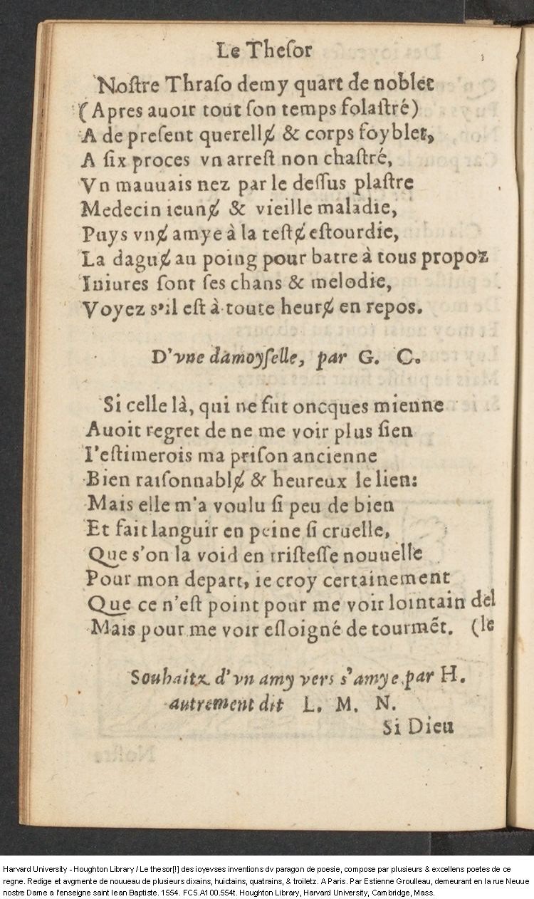 1554 - Étienne Groulleau - Trésor des joyeuses inventions du parangon de poésies - Harvard University
