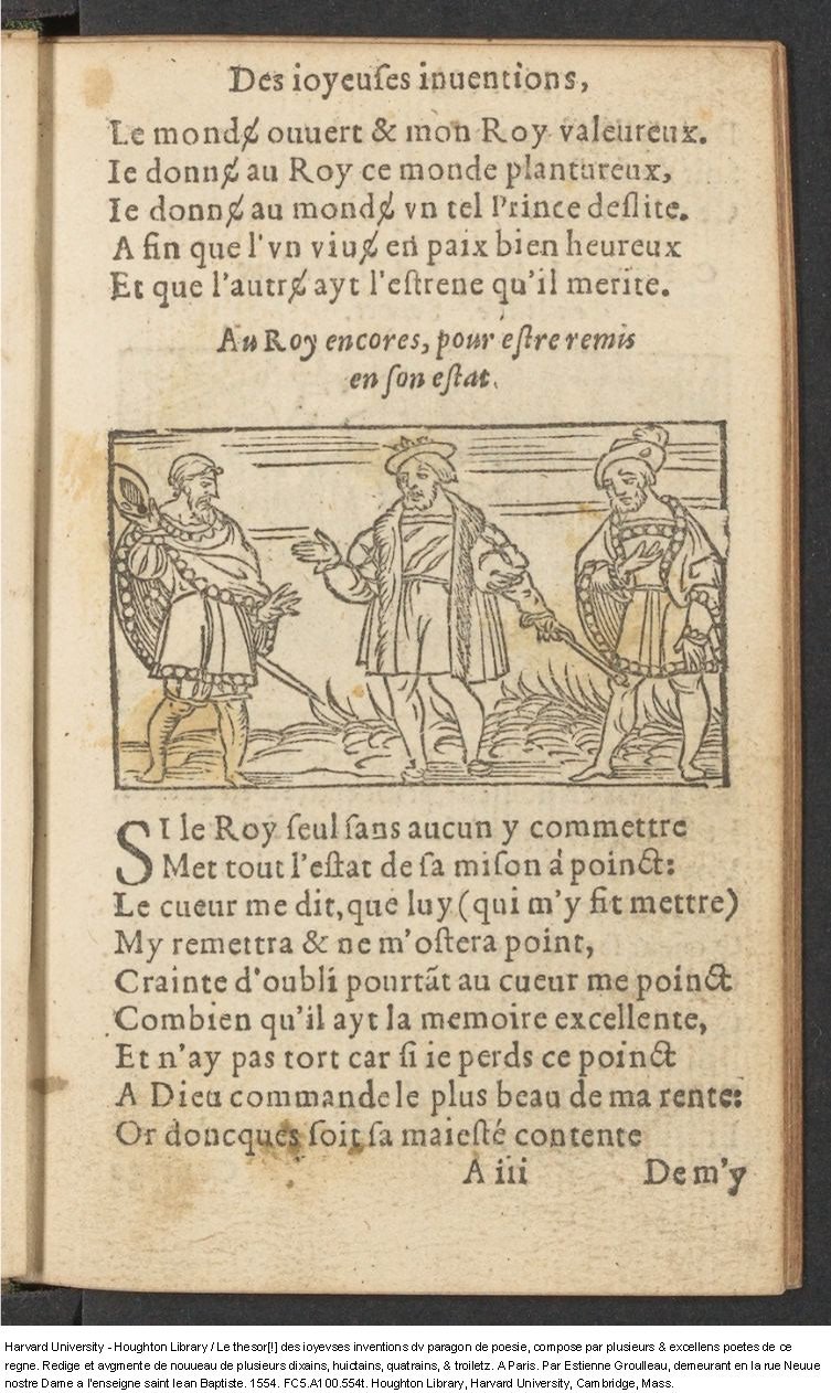 1554 - Étienne Groulleau - Trésor des joyeuses inventions du parangon de poésies - Harvard University
