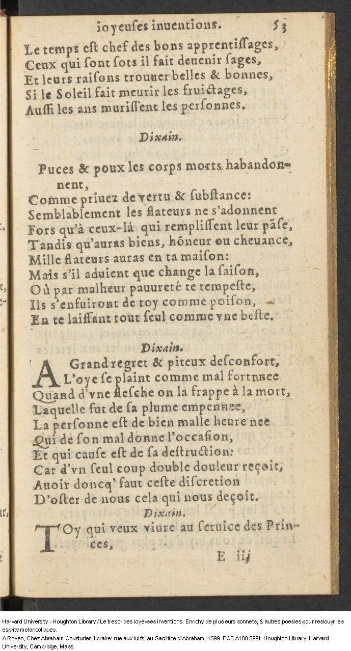 1599 - Abraham Le Cousturier - Trésor des joyeuses inventions du parangon de poésies - Harvard University 1599 - Abraham Le Cousturier - Trésor des joyeuses inventions du parangon de poésies - Harvard University